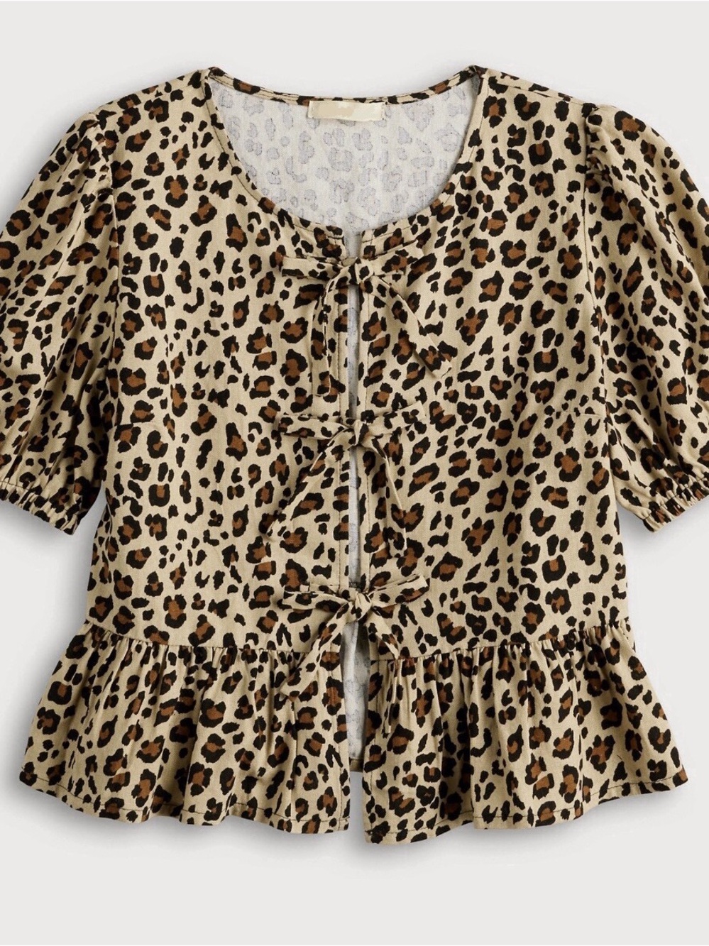 Charmed Hearts  Leopard Print Tie-Front Peplum Top
